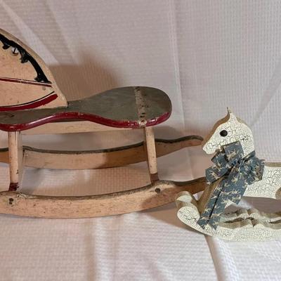 Vintage Wooden Rocking Horse And Decorative Horse 