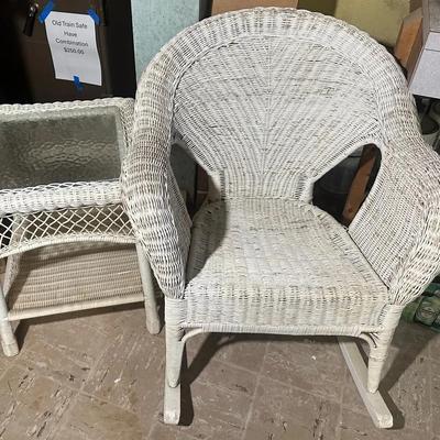 White Wicker Rocking Chair & Side Table