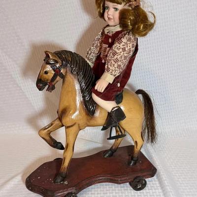 Vintage Primitive Wooden Horse Childs Pull Toy With Doll