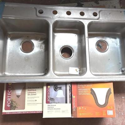 NIB-3 Wall Sconces, One Stainless Steel 3 Bowl Sink