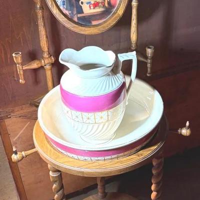 Washstand With Mirror, Pitcher & Basin