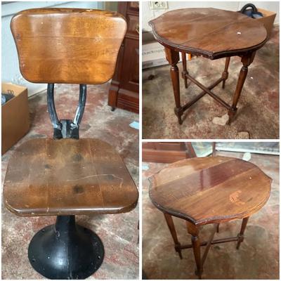 Vintage Industrial School Desk Chair & Pair of Small Wooden Folding Tables 