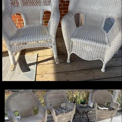 Five Piece Outdoor Patio White Wicker Chairs 