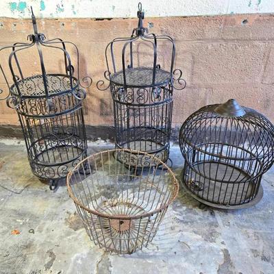 3 Wrought Metal Birdcages & Vintage Metal Basket