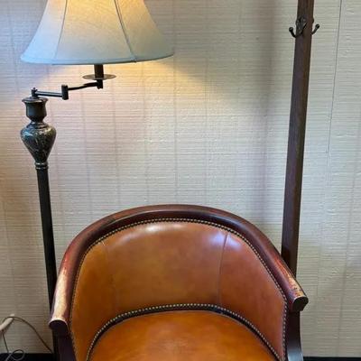 Vintage Barrel Back Leather Chair, Coat Rack, Floor Lamp