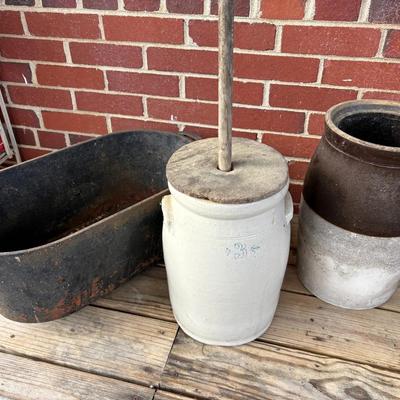 Vintage Cast Iron Ham Boiler, Two Crocks