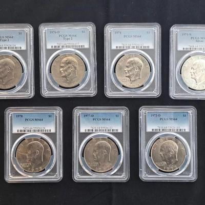7 Different MS-64 Eisenhower Dollars PCGS Graded