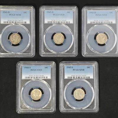 5 Mercury Dimes, PCGS Graded