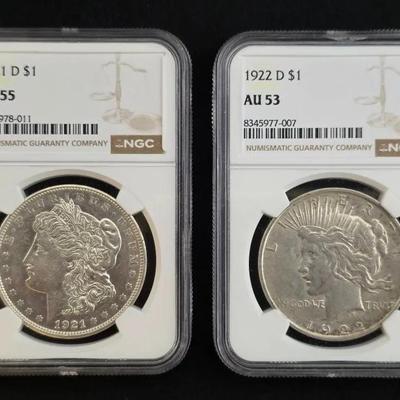 1921-D and 1922-D Morgan/Peace Silver Dollars NGC AU-53/AU-55