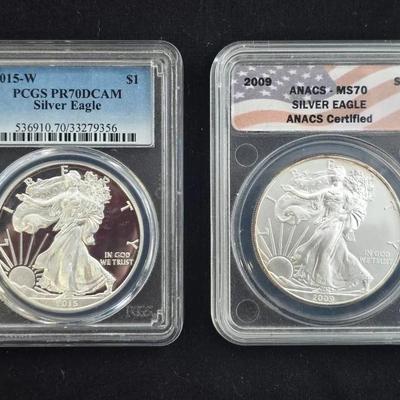 2009 MS-70 ANACS Silver 1oz. Eagle and 2015-W PR-70 DCAM PCGS Proof Silver 1oz.