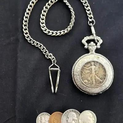 Walking Liberty Silver Half Dollar Pocket Watch and Silver US Coin Clip