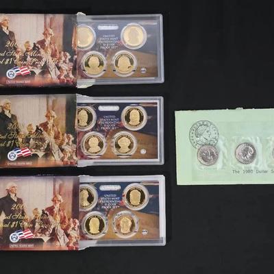 1980 Susan B. Anthony (3) Coin Set and 2007, 2008, 2009 Presidential Proof Dollar Set