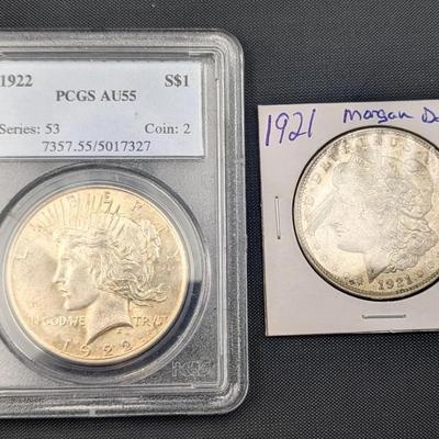 1922-P AU-55 PCGS $1 Silver Peace Dollars, 1921-P Morgan Silver Dollar