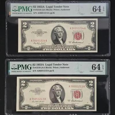 2 1953-A Legal Tender, MS-64 EPQ PMG Notes, Consecutive Serial Number