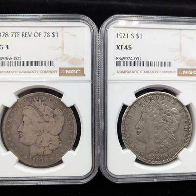1878 & 1921-S Morgan Silver Dollars, NGC Graded