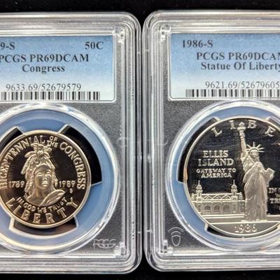 1986-S $1 Silver US Common Liberty & 1989-S 50 Cent Congress PCGS PR69DCAM