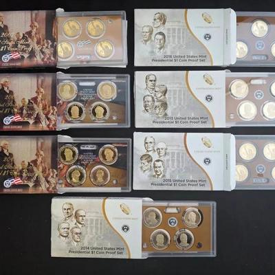 7 US Mint Presidential Dollars Proof Sets - 2007, 2009, 2010, 2013, 2014, 2015, & 2016