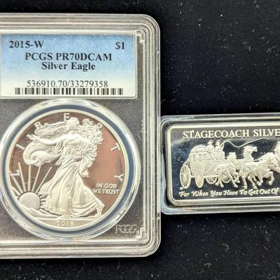 2015-W PR70DCAM 1oz Silver Eagle Proof, PCGS Graded & 1oz Stagecoach Silver Bar 