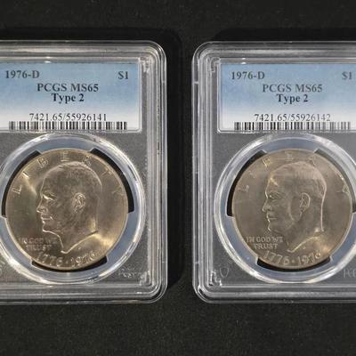 2 1976-D T-2 MS-65 Ike Dollars, PCGS Graded