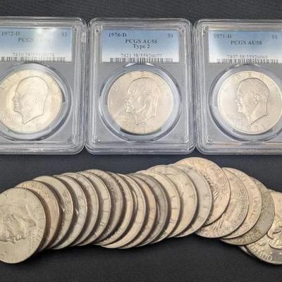 3 PCGS AU-58 Eisenhower Dollars & 1 Roll of Eisenhower Dollars