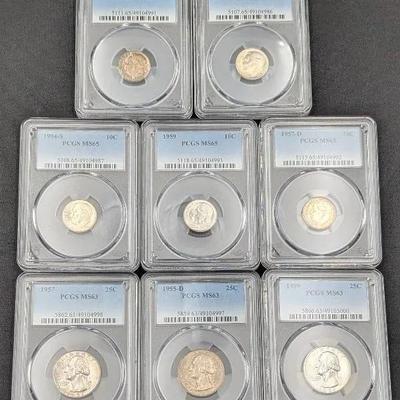 5 PCGS Graded Silver Roosevelt Dimes & 3 Pieces Graded Silver Quarters