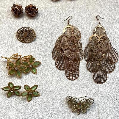 Goldtone Dangle Fan Earrings, Faux Gem Mint Green 3-pc Suite, and Pins