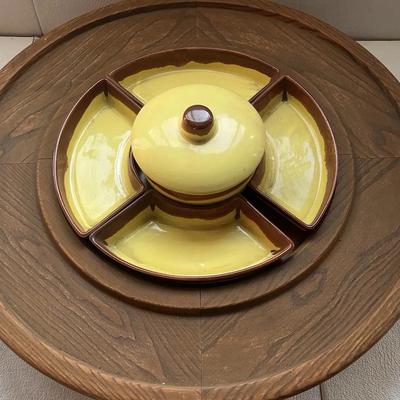 MidCentury Lazy Susan with Chips and Salsa Dishes - Wood and Ceramic