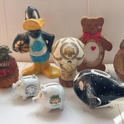 Vintage Piggy Banks - Daffy Duck, Porcelain, Coconut, Wood