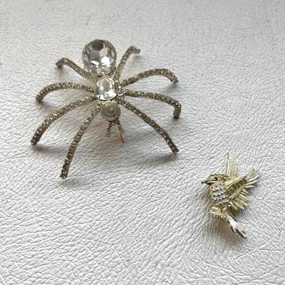 Spider Rhinestone Statement Pin and Goldish Silver Bird Pin