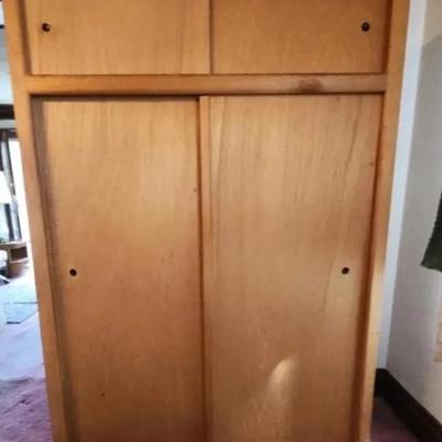 MCM-style Matte Stained Wood Wardrobe Armoire - Sliding Doors