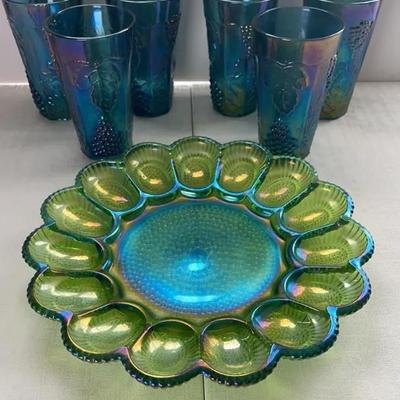 Depression Glassware - Indiana Glass Co Blue Iridescent Carnival Glass Tumblers & Deviled Eggs Bowl