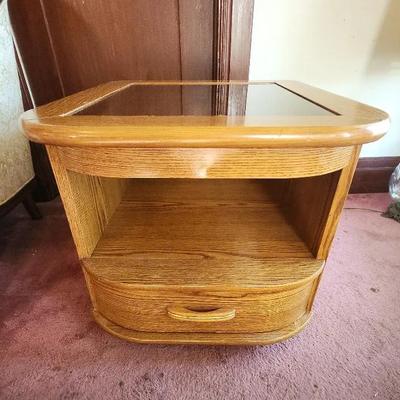 Glass Top Oak Side Table With Drawer