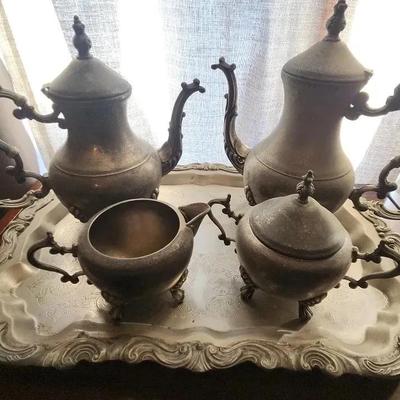 Silver-Plated Tea Set with Silverplated Tray