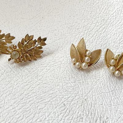 Crown Trifari Goldtone Leaf Faux Pearl and Sarah Coventry "Harvest Time" Clip-on Earrings  