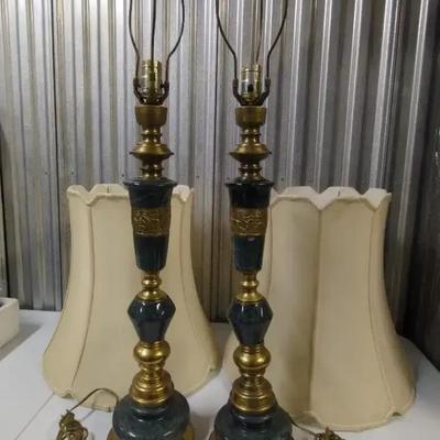 Frederick Cooper Style Green Marble Brass Lamps