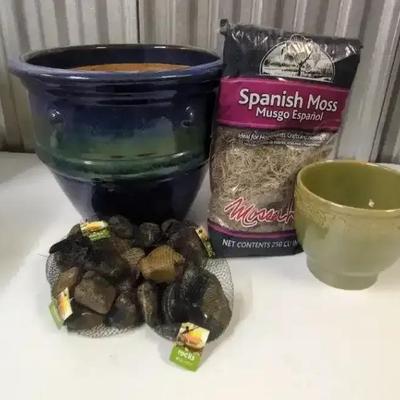 Ceramic Pots, Moss And River Rocks