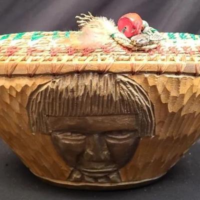 Tribal Bowl With Woven Top And Intricate Carvings, Colorful Accents - Signed