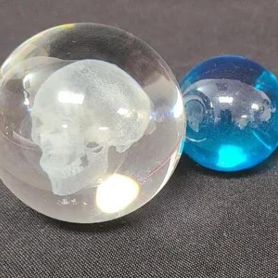 Spooky Skull With Blue Buddy - Pair Of Petite Paperweights