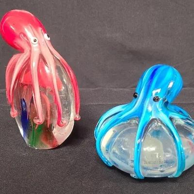 Tastefully Tentacled Pair Of Paperweights  - Octopus Themed Glass Creations