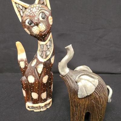 Playful Pacyderm And Feline Friend - Earthtone Elephant And Cat Tabletop Statuary