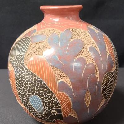 Orb Shaped Vase Featuring A Fancy Fish Motif, Signed By Yalila Ocon, CR