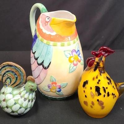 Trio Of Colorful Bird-Themed Ceramic Pitcher & Figurines