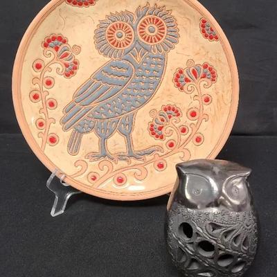 Gorgeous Grecian Pottery Plate With Pint-Sized Pal - Owl Collectibles