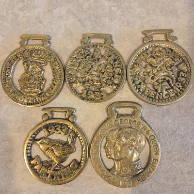 1920s & 1930s English Horse Brass Featuring King George VI Coronation, Lion Coat of Arms, Coins, English Bird