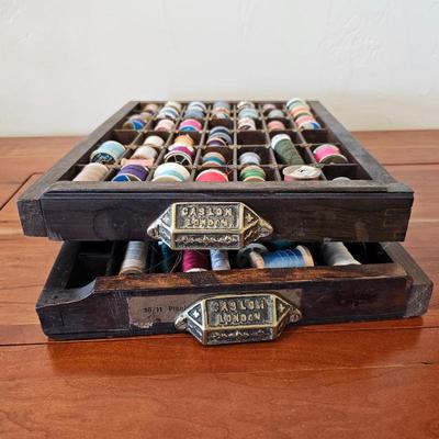 Lot #90 - Vintage Caslon London Wooden Printer’s Type Drawers Filled with Sewing Thread Spools