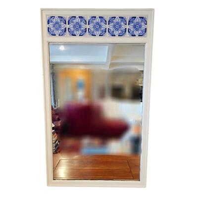 Lot #113 - Vintage White Framed Wall Mirror with Blue & White Delft-Style Ceramic Tiles – Cottage Coastal Decor
