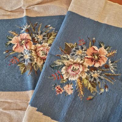 Lot #97 - Pair of Vintage Floral Needlepoint Panels – Handworked Blue Background Flower Bouquets (Set of 2)