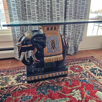 Vintage Ceramic Elephant Garden Stool Table – Asian Decor Stand with Glass Top
