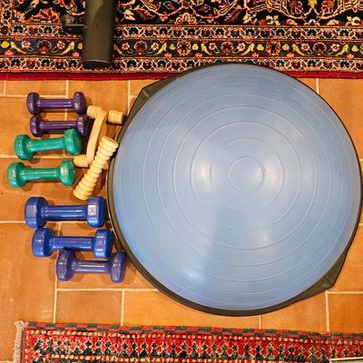 Lot #150 - Lot of Home Fitness Equipment – BOSU Balance Trainer, Dumbbells (2–8 lb), Wooden Massage Roller