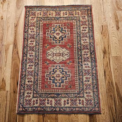 Lot #164 - Hand-Knotted Kazak Rug • Tribal Geometric Pattern • Red, Blue & Ivory Caucasian Design